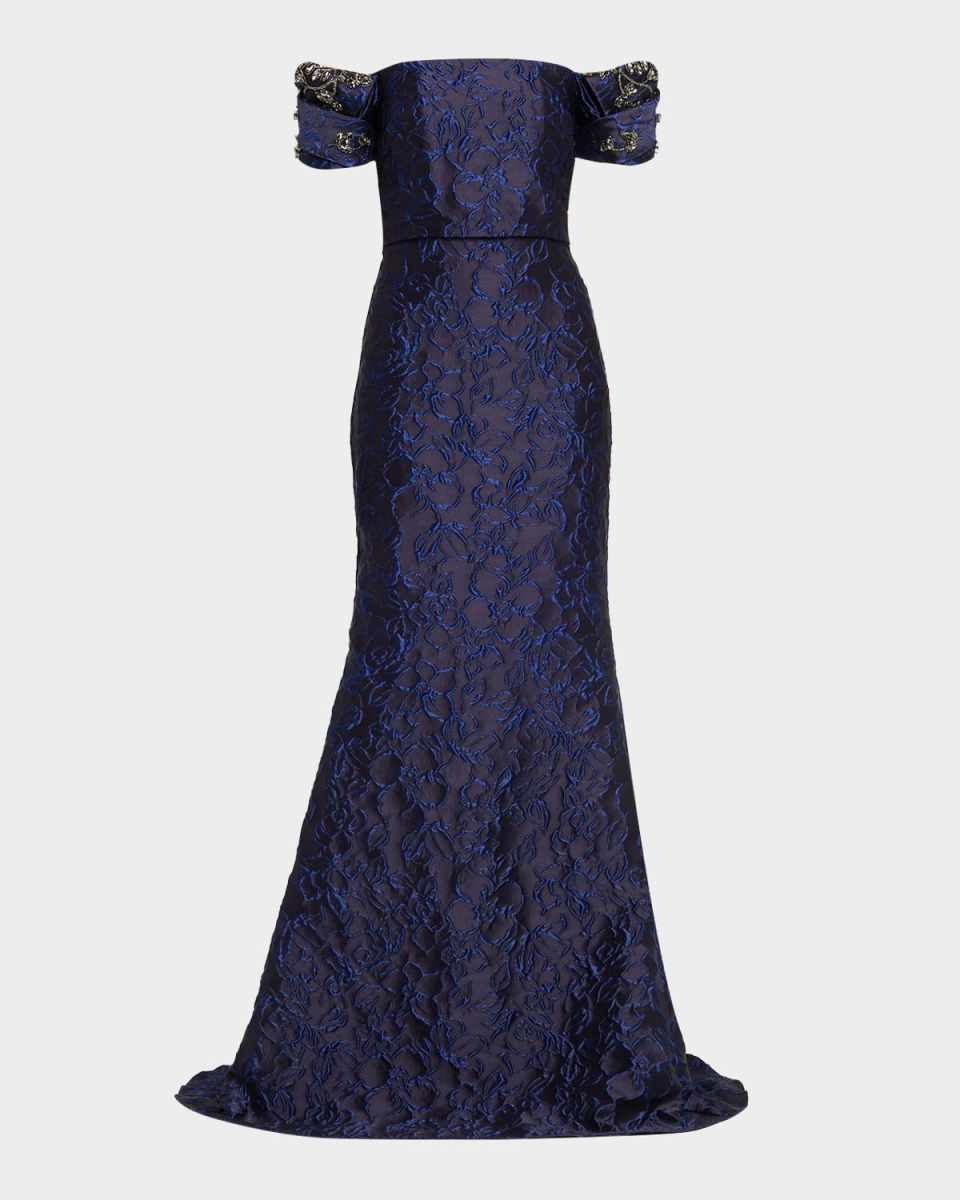 Beaded Off-Shoulder Jacquard Trumpet Gown